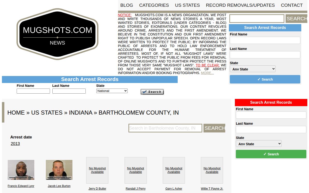 Stale Mugshots.com Bartholomew County archive page