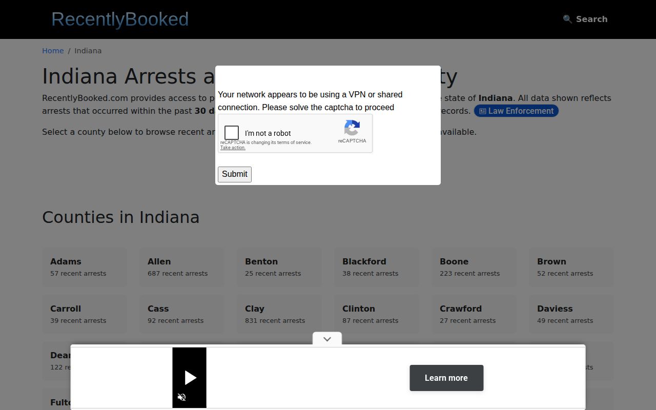 Recently Booked Indiana directory without a Bartholomew County entry