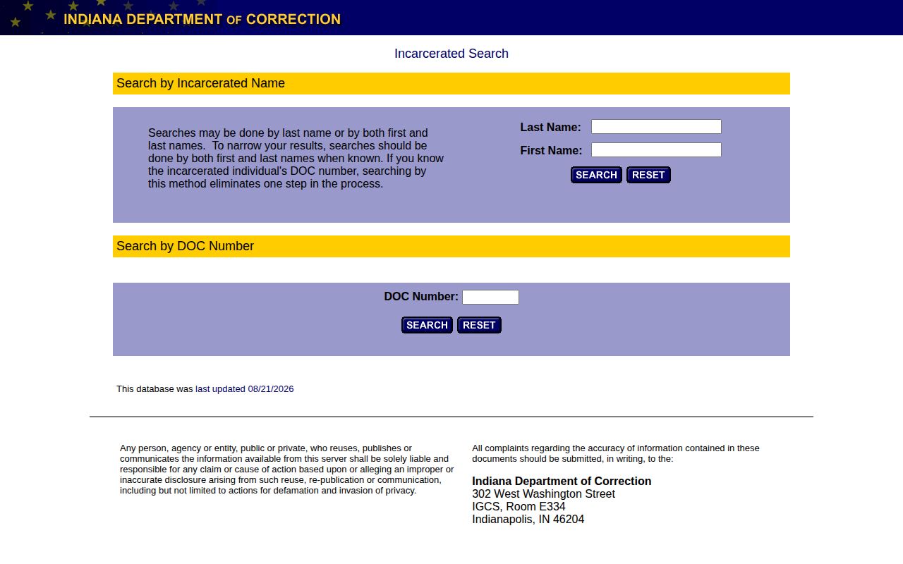 Indiana DOC offender search for Bartholomew County arrest records