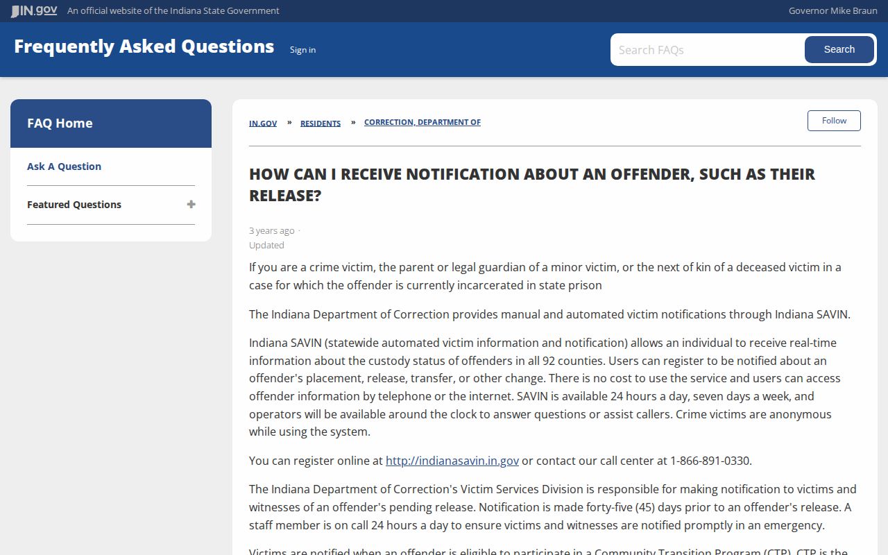 Indiana SAVIN custody alerts for Bartholomew County jail status