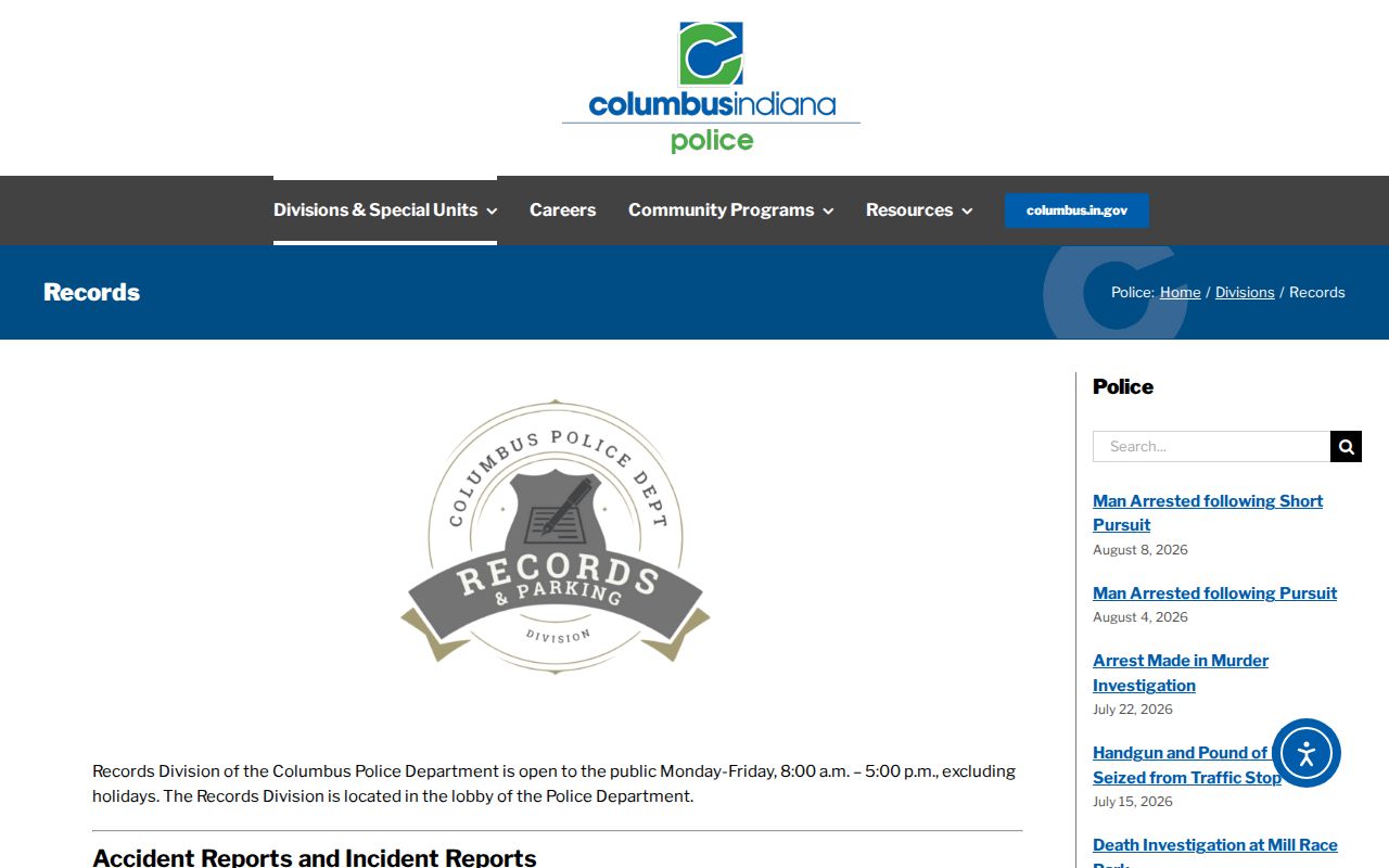 Columbus Police Department arrest report and photograph request page